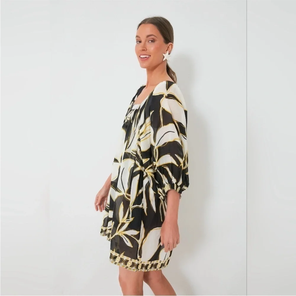 Tuckernuck Dress Mod Iris Coverup Balloon Sleeve Mini in Black Gold
